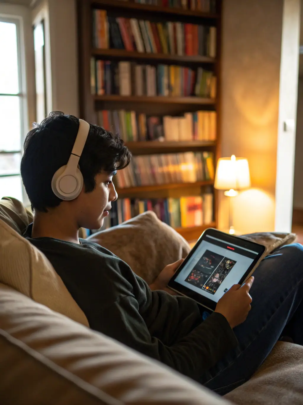 A close-up of a person listening to headphones, notebook open, with the 'Be the Compass, Not the Map' cover visible on a digital device, evoking a reflective and empowering mood.